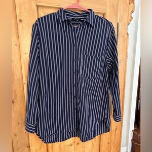 Modern Works Navy & White Striped Button Down Sz Large Work Or Play